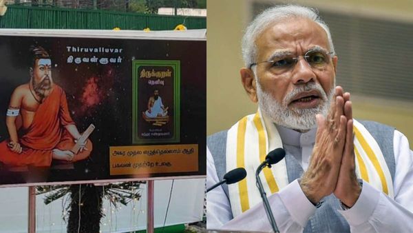 காவி திருவள்ளுவர்.. எல்.முருகனின் தமிழ் புத்தாண்டு விழா இருந்த படம்! மோடி பங்கேற்ற விழாவில் சர்ச்சை