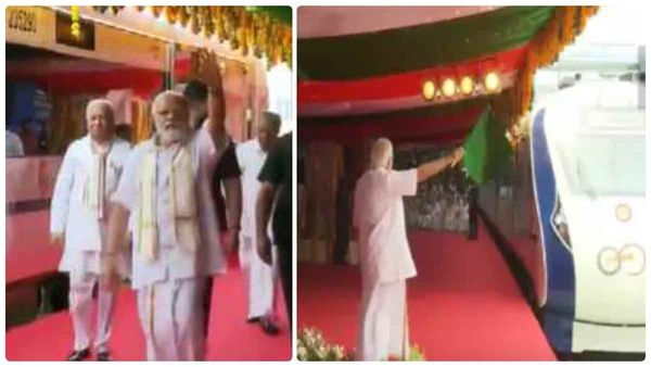 வேட்டி சட்டை அங்கவஸ்திரத்தில் பிரதமர் நரேந்திர மோடி கேரளாவில் முதல் வந்தே பாரத் ரயில் சேவை தொடக்கம்