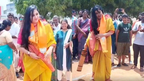 சிஎஸ்கேவின் மஞ்சள் நிற சேலையில்.. முந்தானையை சொருகியபடி! மதுக்கரையில் நமீதா என்ன செய்தார்னு பாருங்க