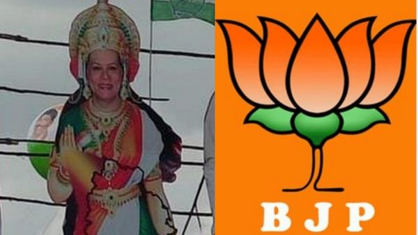 சோனியா காந்தியை அம்மனாக சித்தரித்து கட் அவுட்.. சனாதன தர்மத்தை அவமதித்து விட்டதாக பாஜக தாக்கு