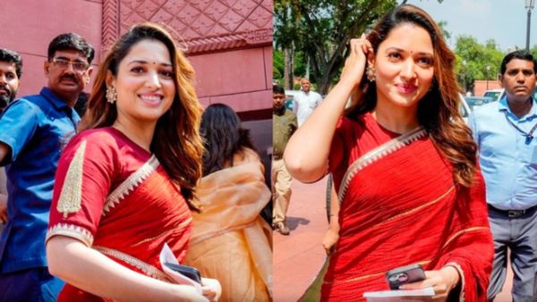 பார்லிமென்ட்ல யார்னு பாருங்க.. சிவப்பு சேலையில் நடிகை தமன்னா! 