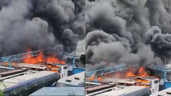 பெங்களூரு வீரபத்திரா நகர் பேருந்து நிலையத்தில் பயங்கர தீ விபத்து.. கொளுந்து விட்டு எரியும் பஸ்கள்