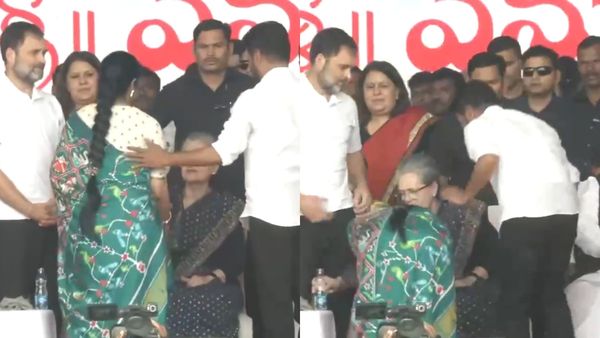 மனைவியோடு நடுமேடையில் சோனியா காலில் விழுந்து கும்பிட்ட ரேவந்த் ரெட்டி- ஆரத் தழுவிய சித்தராமையா!