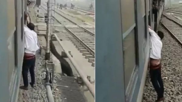 எப்படி இப்படி? ஜன்னலில் ஊஞ்சலாடுறது யார் பாருங்க.. 1 கி.மீ. தொங்கிட்டாரு.. ரயில் பயணிகளின் செம மாஸ்