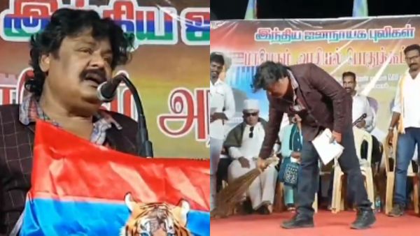 மேடையில் ஏறி குப்பையை பெருக்கிய மன்சூர் அலிகான்.. பாட்டு பாடி.. மோடியை விளாசி தள்ளிட்டாரே!