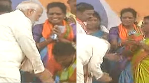 திடீரென காலை தொட்டு வணங்கிய பாஜக பெண் நிர்வாகி! உடனே பிரதமர் மோடி செய்த செயல்.. அதிர்ந்துபோன மேடை