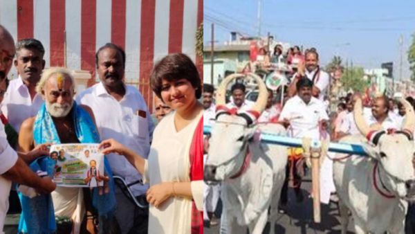 மாட்டு வண்டியில் சென்று வாக்கு சேகரித்த திருச்சி அதிமுக வேட்பாளர்! ஆதரவாக களமிறங்கிய காயத்ரி ரகுராம்