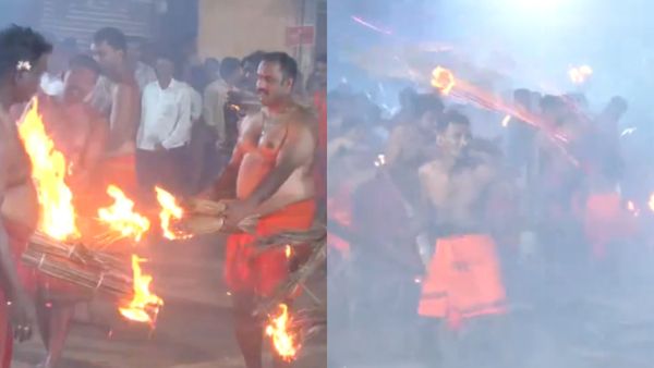 ஃபயர்லாம் எங்களுக்கு ஸ்ப்ரே மாதிரி..என்னங்க இப்படியெல்லாமா விளையாடுவீங்க! கர்நாடகாவில் தீ எறி விழா!