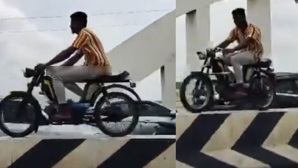 ரோட்டில் போக மாட்டேன்! சென்டர் மீடியனில் டிவிஎஸ் 50ஐ ஓட்டிய இளைஞர்..திருச்சியில் பதறிய வாகன ஓட்டிகள்