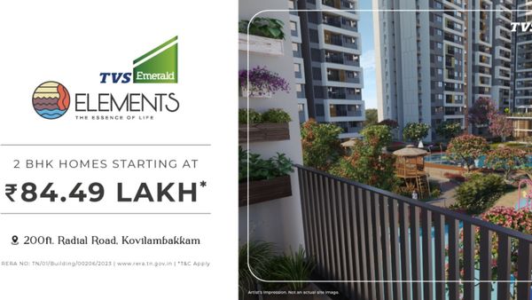 சென்னை 200Ft ரேடியல் சாலையில் 2BHK அப்பார்ட்மெண்ட்! 20:80 பேமண்ட் வசதியுடன் தரும் டிவிஎஸ் எம்ரால்டு