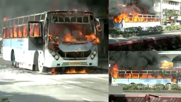 தீப்பிழம்பு போல் மளமளவென பற்றி எரிந்த சென்னை அடையாறு மாநகர ஏசி பஸ்! 