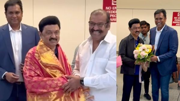 அமெரிக்காவில் கால் பதித்த முதல்வர் ஸ்டாலினுக்கு உற்சாக வரவேற்பு.. டிஆர்பி ராஜா கூட யார்னு பாருங்க!