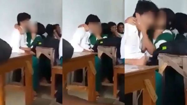 வகுப்பறையில் கட்டிப்பிடித்து அத்துமீறல்.. லிப் டூ லிப் வேற.. முகம் சுளிக்க வைத்த மாணவர்கள்.. வீடியோ