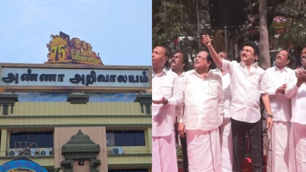 அண்ணாவுக்கு மரியாதை செய்த கையோடு அறிவாலய உச்சியில் “திமுக பவள விழா” லட்சினையை திறந்து வைத்த ஸ்டாலின்