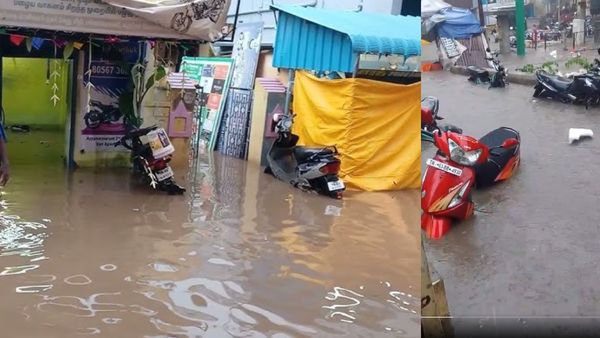 காரைக்குடியில் கனமழையால் கரைபுரளும் வெள்ளம்! இரு சக்கர வாகனங்களின் டயர்கள் முழுவதுமாக மூழ்கிய சோகம்