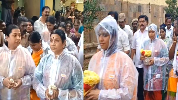 கொட்டும் மழையிலும் ரெயின் கோட் அணிந்தபடியே! மயிலாடுதுறை கோயிலில் பால் குடம் எடுத்த துர்கா ஸ்டாலின்!