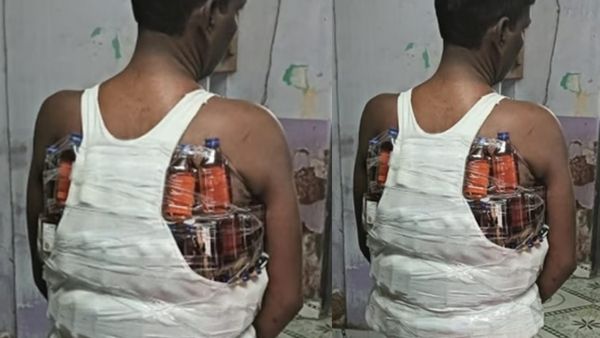 சட்டையை கழட்டியதும் அதிர்ச்சி.. உடல் முழுதும் 150 மதுபாட்டில்கள்.. போலீசாருக்கே ஷாக் கொடுத்த நபர்