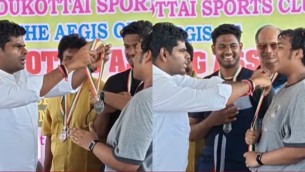 வேணாம்.. வேணாம்! அண்ணாமலையிடம் பதக்கம் பெற மறுத்த அமைச்சர் டிஆர்பி ராஜாவின் மகன்.. பரவும் வீடியோ