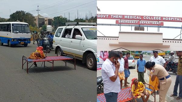தேனியில் அரசு மருத்துவமனை எதிரே.. ஸ்டீல் கட்டிலுடன் வயதான தாயை நடு ரோட்டில் உட்கார வைத்த மகன்.. பரபர