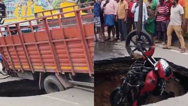 சென்னை அம்பத்தூர் அருகே சாலையில் திடீர் ராட்சத பள்ளம்! உள்ளே விழுந்த பைக்.. அந்தரத்தில் தொங்கிய லாரி