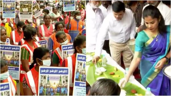 முதல்வர் ஸ்டாலினுக்கு நன்றி தெரிவித்து தூய்மைப் பணியாளர்கள் பேரணி! உணவு பரிமாறிய மேயர் பிரியா