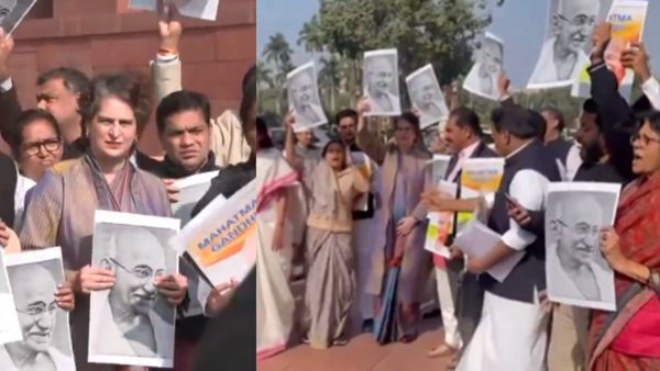 100 நாள் வேலை.. மகாத்மா காந்தி பெயரை நீக்கியதற்கு எதிர்ப்பு.. எதிர்க்கட்சி எம்பிக்கள் போராட்டம்