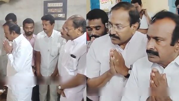 வாங்க அண்ணே.. சொல்லி வச்ச மாதிரி.. கோவிலுக்கு வந்த திமுக முத்துசாமி - அதிமுக தங்கமணி.. அப்போ அதானா?