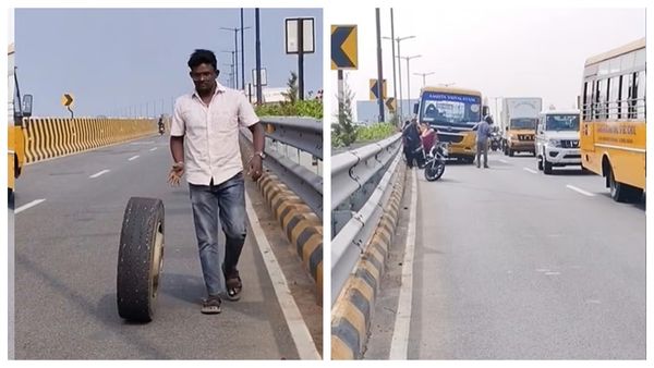 திடீர் திடீர்னு உருளுதாம் சாயுதாம்.. ஜிடி நாயுடு மேம்பாலத்தில் ஓடிய பள்ளி வேனின் டயரால் பரபரப்பு