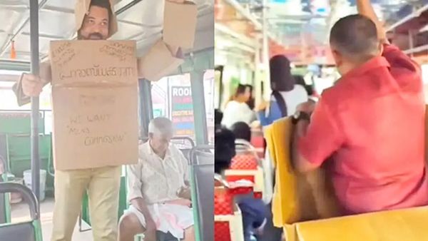 அட்டை பெட்டியை உடம்பெல்லாம் கட்டிக்கொண்டு வந்த அரசு பஸ் கண்டக்டர்.. ஒரு கூண்டு இங்கே கவசமானது.. ஏன்