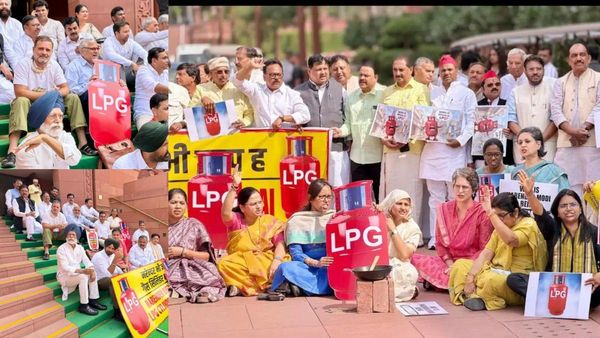 கேஸ் தட்டுப்பாடு.. நாடாளுமன்ற வளாகத்தில் மாதிரி சிலிண்டருடன் ராகுல் உள்பட எம்பிக்கள் தர்ணா