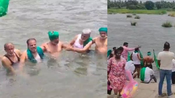 அடுத்தடுத்து காவிரி ஆற்றுக்குள் குதித்த விவசாயிகள்.. தமிழகத்துக்கு தண்ணீர் விட கடும் எதிர்ப்பு