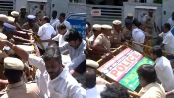 உதயநிதியை கைது செய்ய குவிந்த போலீஸ்.. படையெடுக்கும் திமுகவினர் தடுப்புகள் வைத்து தடுத்து நிறுத்தம்.. தள்ளுமுள்ளு