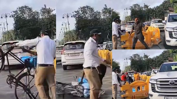 சைக்கிளை குப்புற தூக்கி.. தொழிலாளியை கீழே தள்ளிய போலீஸ்.. ஒரு விஐபி வண்டிக்காக அடாவடி? வைரல் வீடியோ