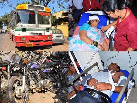 సిటీలో పాదచారుల పైకి బస్సు: కాపాడిన బైక్ (పిక్చర్స్)
