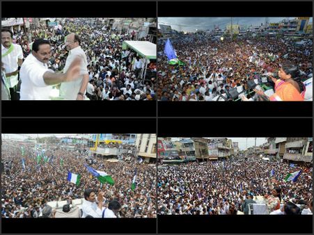 జగన్, షర్మిల రోడ్ షో: టోపీ పెట్టిన కిరణ్(పిక్చర్స్)