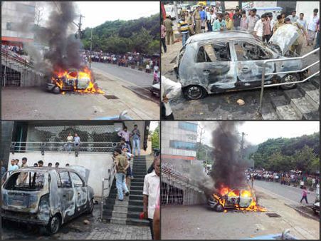  ఆగి ఉన్న శాంట్రో కారులో మంటలు, దగ్ధం,  (పిక్చర్స్)