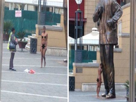 ఆమె మండేలా విగ్రహాన్ని నగ్నంగా కౌగిలించుకుంది