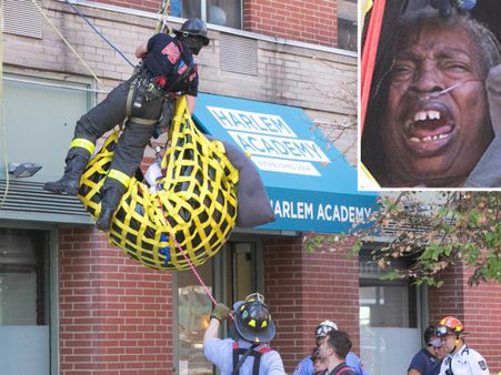 రెండో అంతస్తులో 'భారీ' మహిళ:క్రేన్‌తో కిందకి దించారు