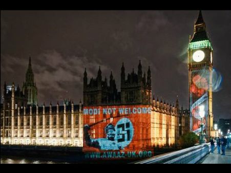 బ్రిటన్ పార్లమెంట్ గోడలపై 'మోడీ నాట్ వెల్‌కం' ప్రొజెక్ట్