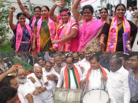 పాలేరులో టిఆర్ఎస్, అసోంలో బీజేపీ రికార్డ్: సంబరాలు (పిక్చర్స్)