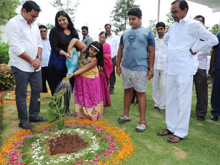 తాతతో మనవడు: జాతక ప్రకారం మొక్కలు నాటిన కేసీఆర్ ఫ్యామిలీ (ఫోటోలు)