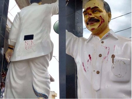 వివాదం: వైయస్ విగ్రహానికి రంగుపూశారు! విగ్రహం వెనుక ‘ఎన్టీఆర్, టీడీపీ’!