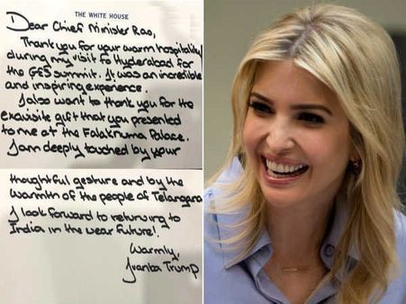 వీలైతే మళ్లీ హైదరాబాద్ వస్తా: సీఎం కేసీఆర్‌కు ఇవాంకా ట్రంప్ లేఖ