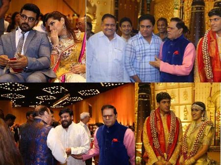 టిఎస్సార్ మనవడి పెళ్లి: రామ్ చరణ్ చెవిలో భార్య గుసగుస, చిరంజీవి నుంచి కిరణ్ రెడ్డి దాకా