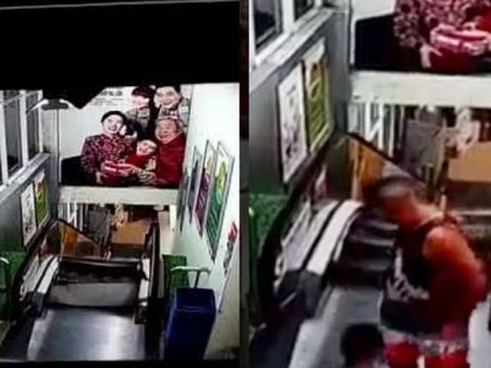 థ్యాంక్ గాడ్! కూలిన ఎస్కలేటర్, తృటిలో బయటపడ్డ తండ్రీకొడుకులు (వీడియో)