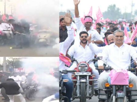 హరీశ్‌కు తప్పిన ప్రమాదం: భారీ బైక్ ర్యాలీ, పేలిన టపాసులు