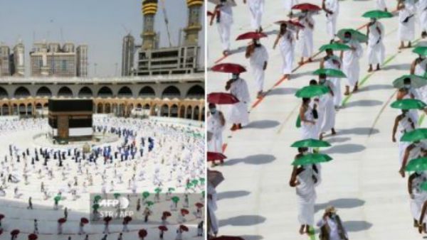 మక్కాలో నమ్మశక్యంకాని దృశ్యాలు: గొడుగులు, భౌతిక దూరం పాటిస్తూ యాత్రికులు