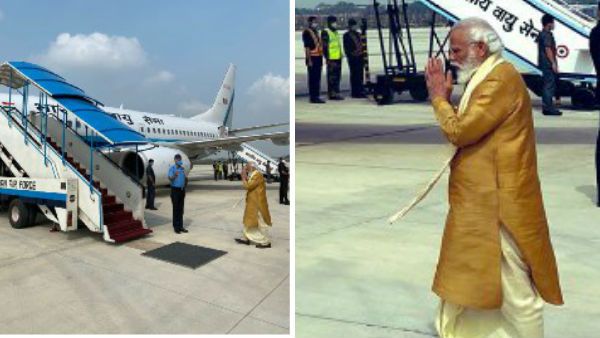 పట్టు పంచె, బంగారు వర్ణ కుర్తా, మెడలో పట్టు వస్త్రంతో మెరిసిపోతున్న ప్రధాని మోడీ