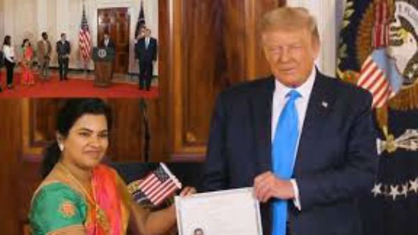 చీరకట్టుతో అమెరికన్ గా ప్రమాణం చేసిన ఇండియన్ టెకీ సుధా నారాయణన్ .. వైట్ హౌస్ లో.. ట్రంప్ సమక్షంలో