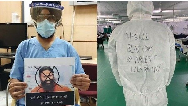 డాక్టర్ల పీపీఈ కిట్లపై రాందేవ్ స్లోగన్లు -బ్లాక్ డే నిరసనల్లో యోగా బాబా అరెస్టుకు డిమాండ్, కేంద్రం మౌనం